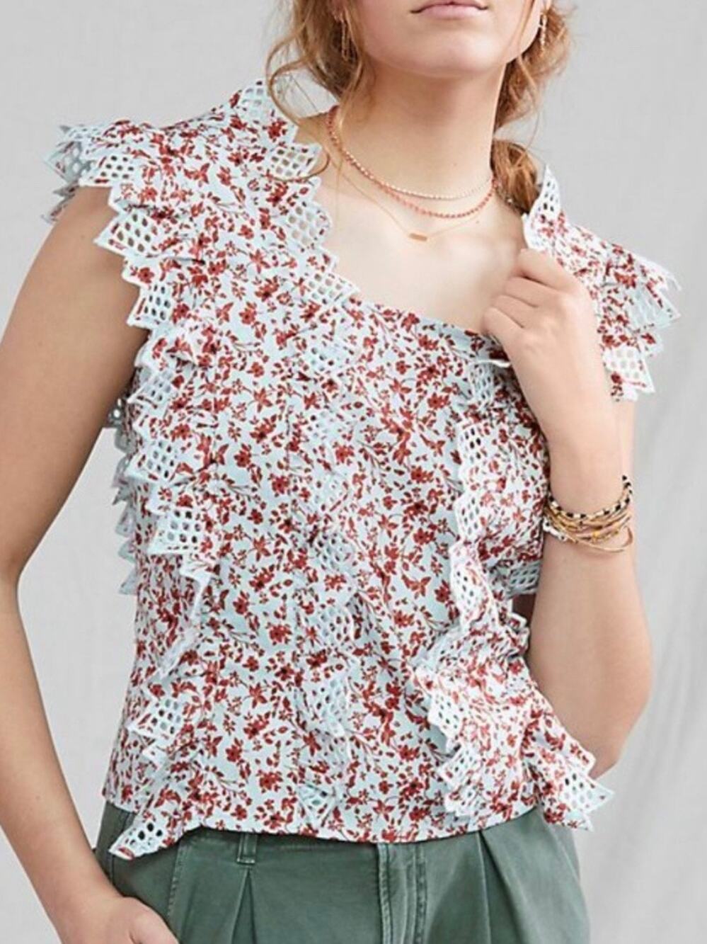 NWT Anthropologie Blue Tassel Trina Bow Floral Blouse Size Small